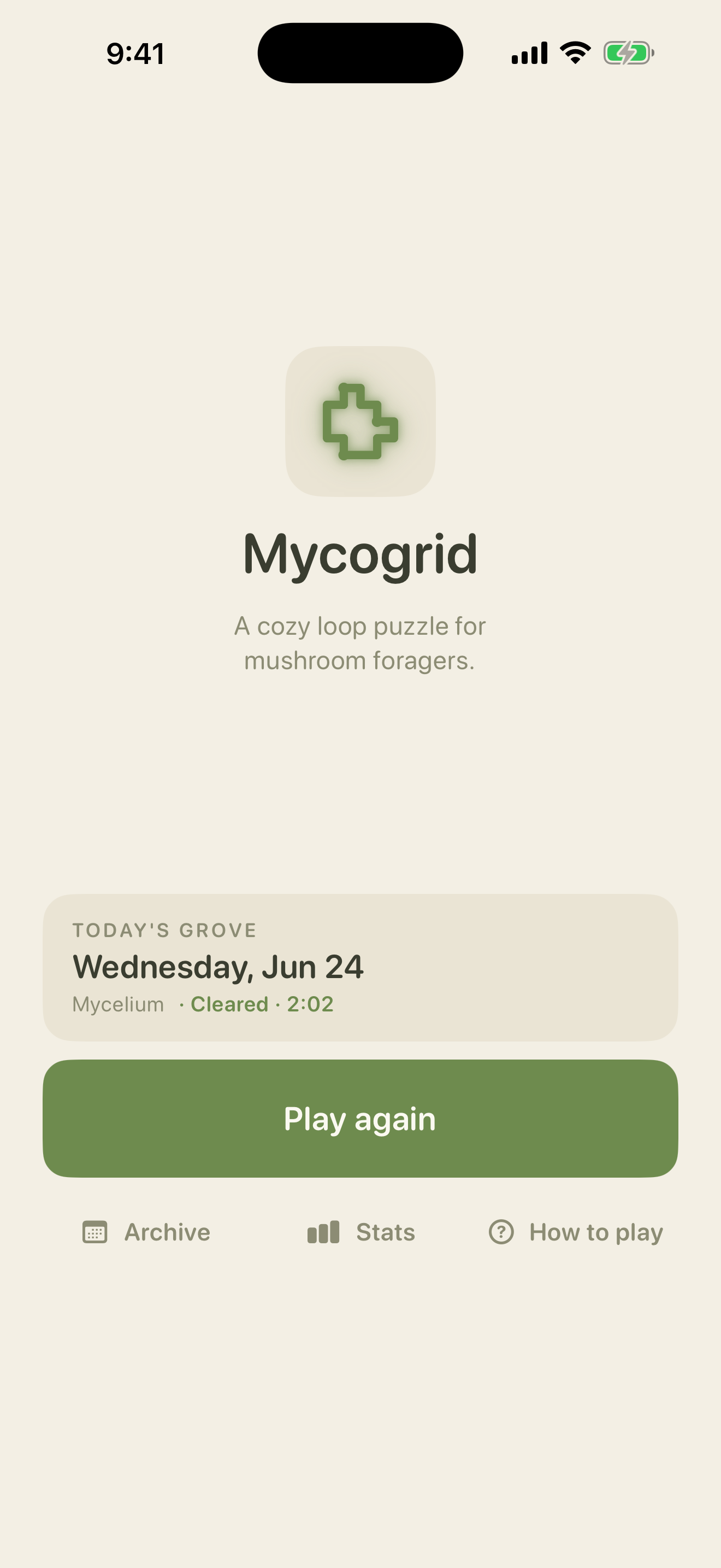 Mycogrid home screen showing today's grove and a Play button.
