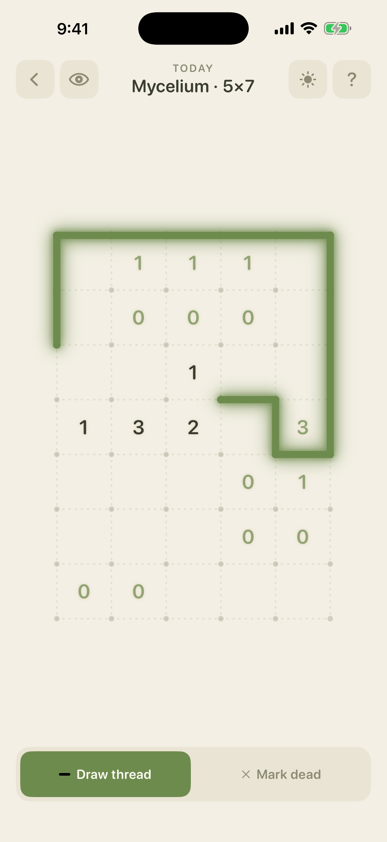 A Mycelium 5×7 grid mid-play with the loop partly drawn around the numbered clues.