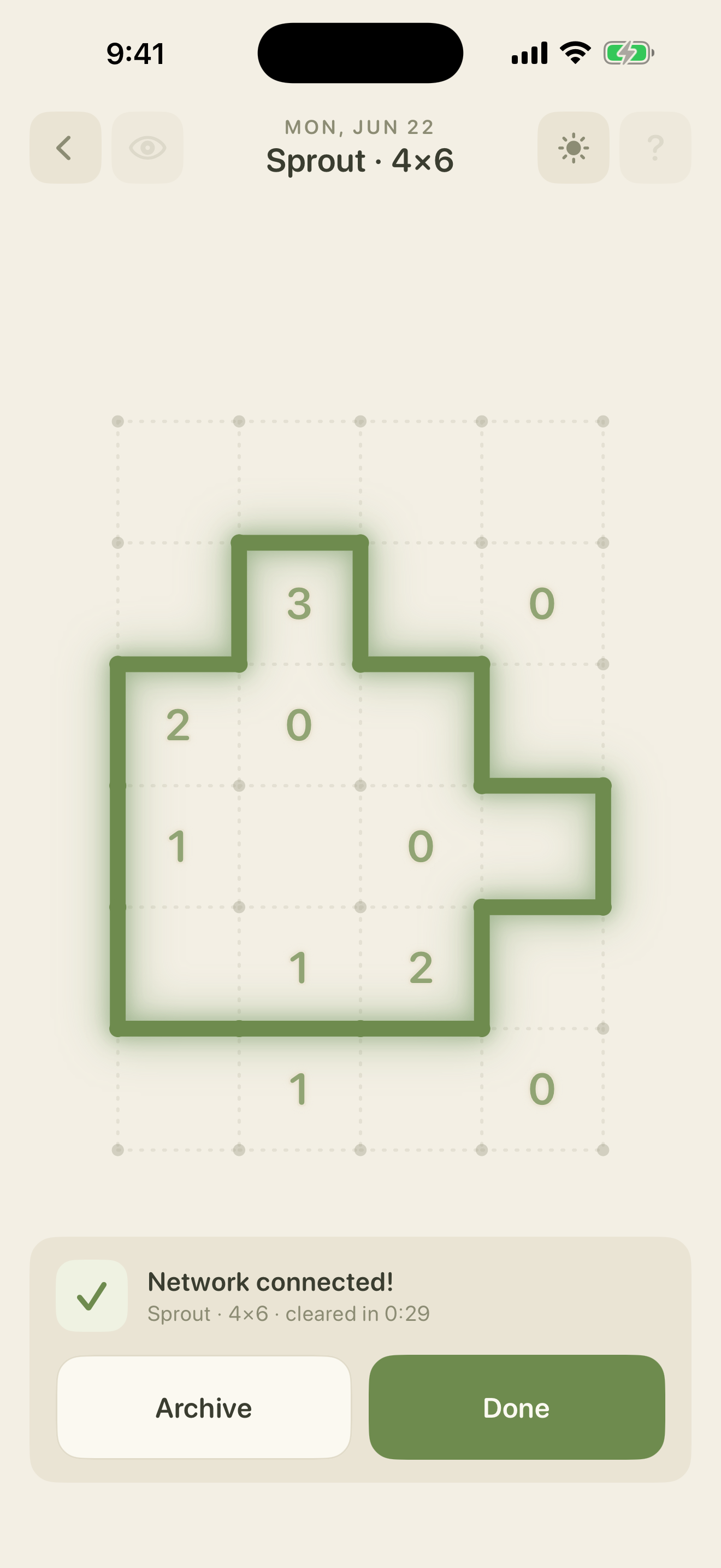 A completed puzzle with the finished loop.