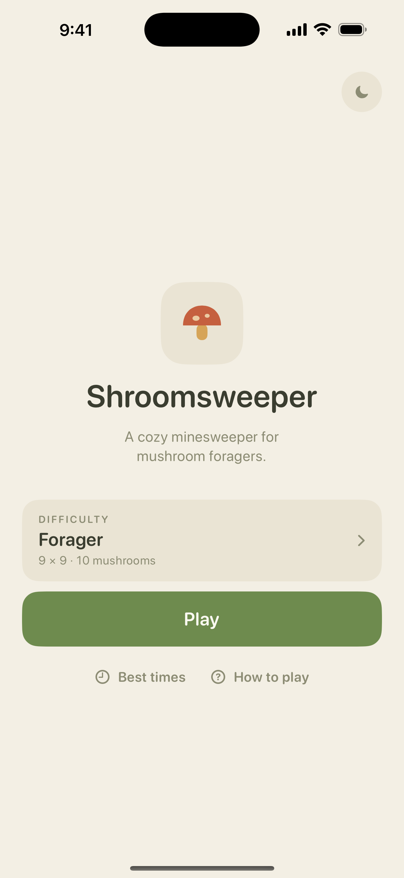 Shroomsweeper home screen showing the Forager difficulty selected and a green Play button.