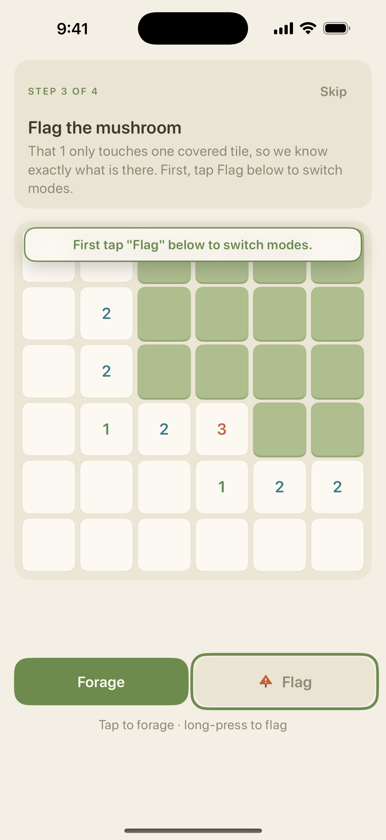 Tutorial step three guiding the player to switch to Flag mode.